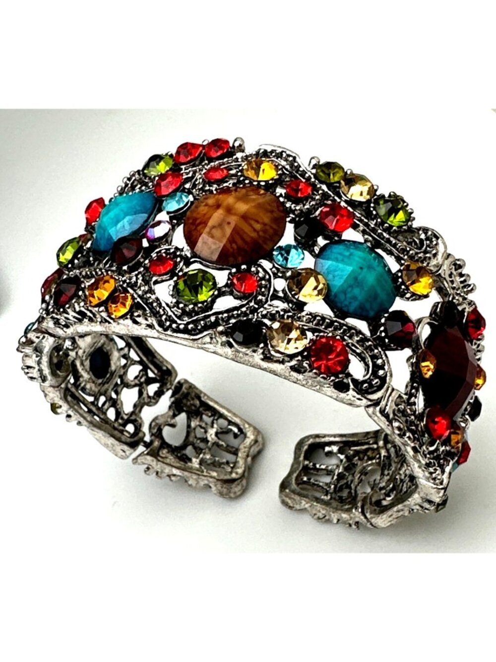 Granny Multicolor Rhinestone Stretch Cuff Bracelet Ornate Silver Tone Vintage